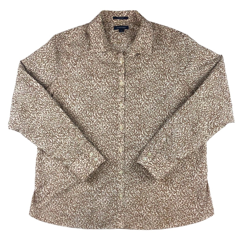 Lands End Womens Non Iron Pale Pink Brown Animal Print Long Sleeve Shirt Size 16